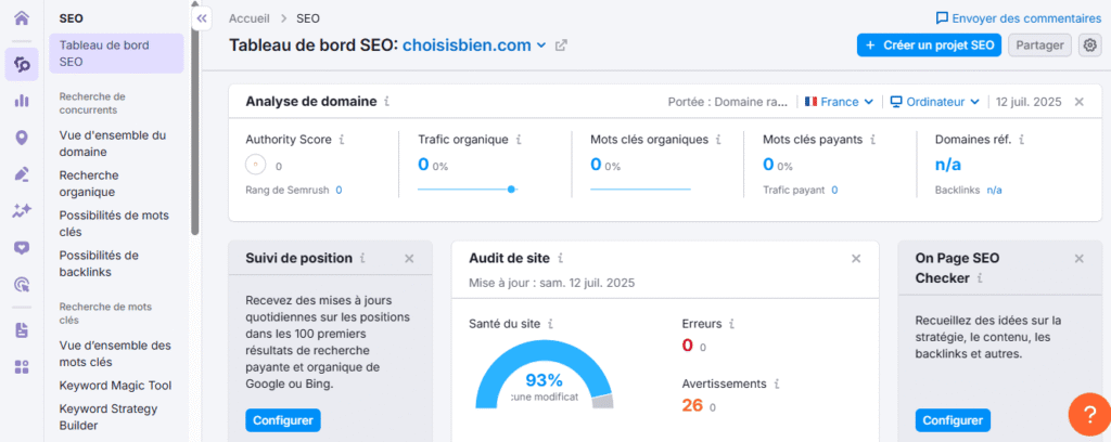 SEMrush vs Rankerflox : Semrush tableau de bord
