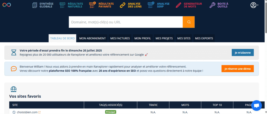 Semrush vs Rankerfox : Rankerfox tableau de bord