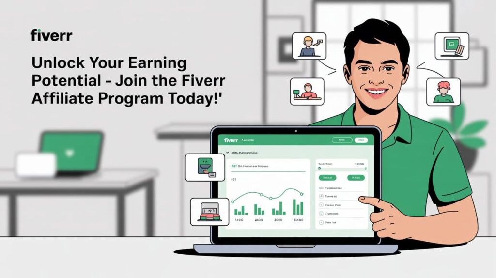 Marketing Pinterest : Illustration d’un utilisateur créant un compte sur le programme d’affiliation Fiverr, montrant le tableau de bord et les commissions gagnées.
