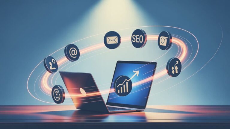 Image symbolisant une stratégie marketing efficace avec des outils numériques connectés et des graphiques de performance.