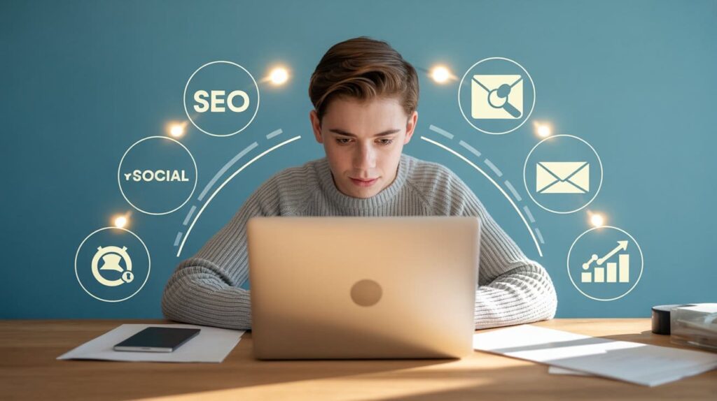 Débutant apprenant le marketing digital depuis zéro sur ordinateur portable, illustration vectorielle moderne.