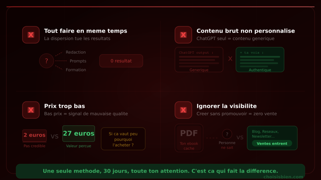 Les 4 erreurs qui font rater l'opportunité de gagner de l'argent avec ChatGPT : tout faire en même temps, utiliser le contenu brut sans le personnaliser, fixer des prix trop bas et ignorer la visibilité de ses produits