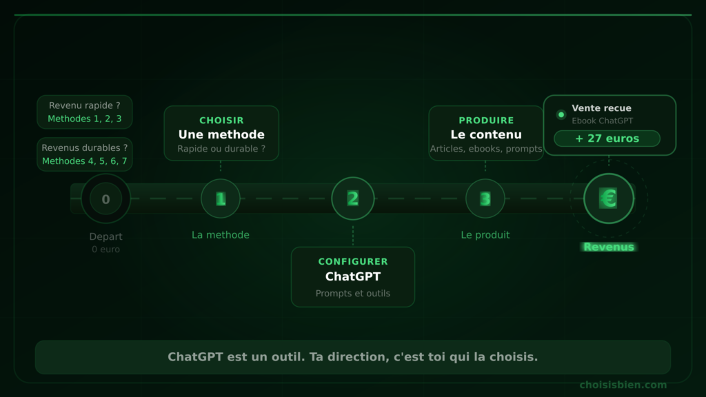 Roadmap visuelle en 4 étapes pour commencer à gagner de l'argent avec ChatGPT en 2026 : choisir une méthode, configurer ChatGPT, produire le contenu, générer des revenus