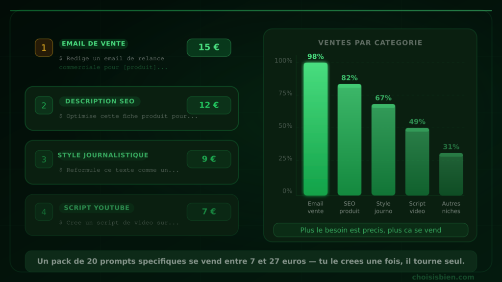 Classement des prompts ChatGPT les plus vendus avec leur prix : email de vente (15 euros), description SEO (12 euros), style journalistique (9 euros) et script YouTube (7 euros), accompagné d'un graphique en barres montrant les ventes par catégorie